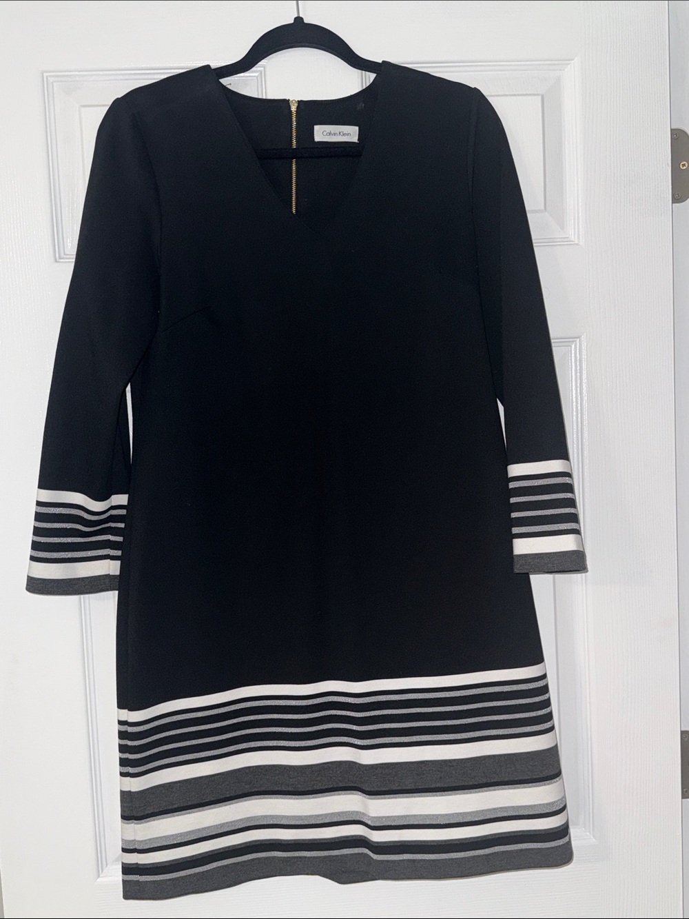 Calvin Klein Black Dress with White & Gray Striped Hem